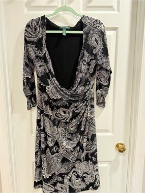 Ralph Lauren Black and White Paisley Draped Dress